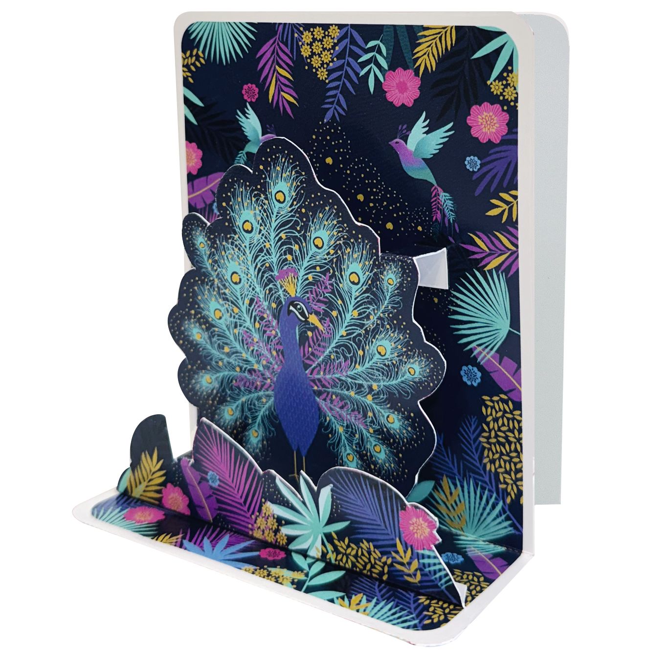 Pictura Peacock Small Pop Up Card featuring a colorful, detailed paper peacock with intricate fold-out design.